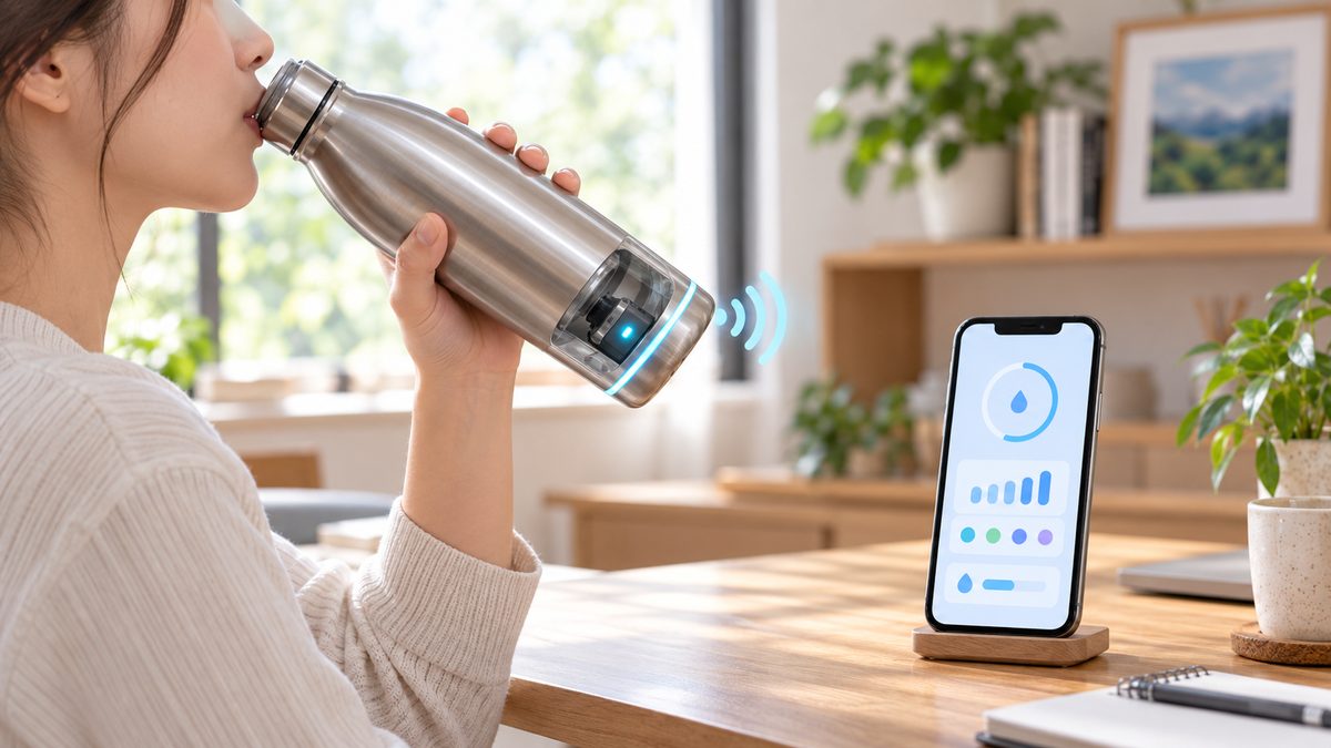 スマート水筒で水を飲む様子と底部センサーからスマートフォンへ記録が送られるイメージ