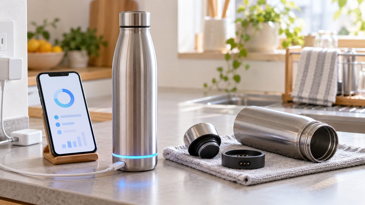 ライト通知付きスマート水筒とUSB-C充電ケーブル、取り外した部品を並べたイメージ