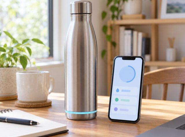 机の上に置いたスマート水筒と連携アプリを表示したスマートフォン