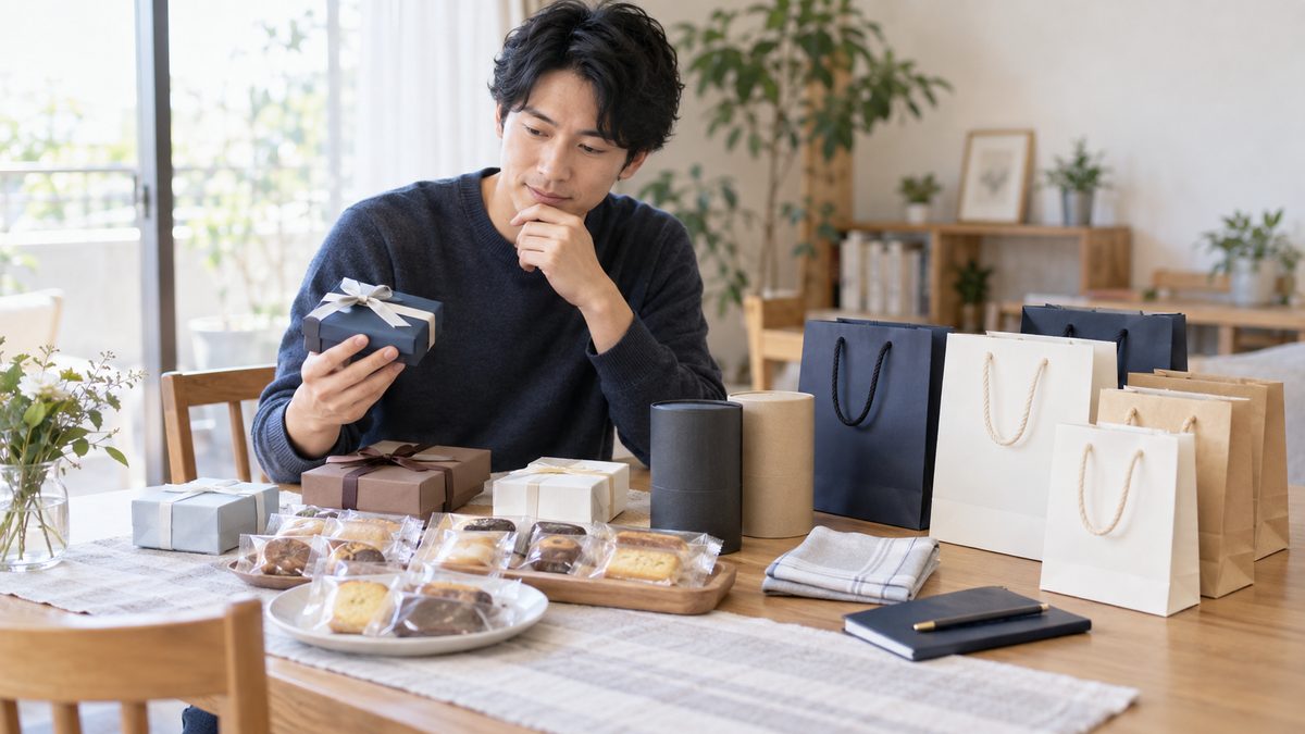 相手や人数を考えながら複数のホワイトデーのお返しを選ぶ様子