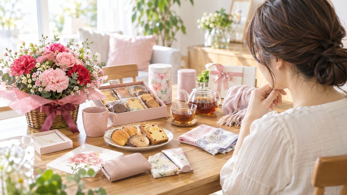 花や食品、実用品から母の日ギフトを選んでいる様子