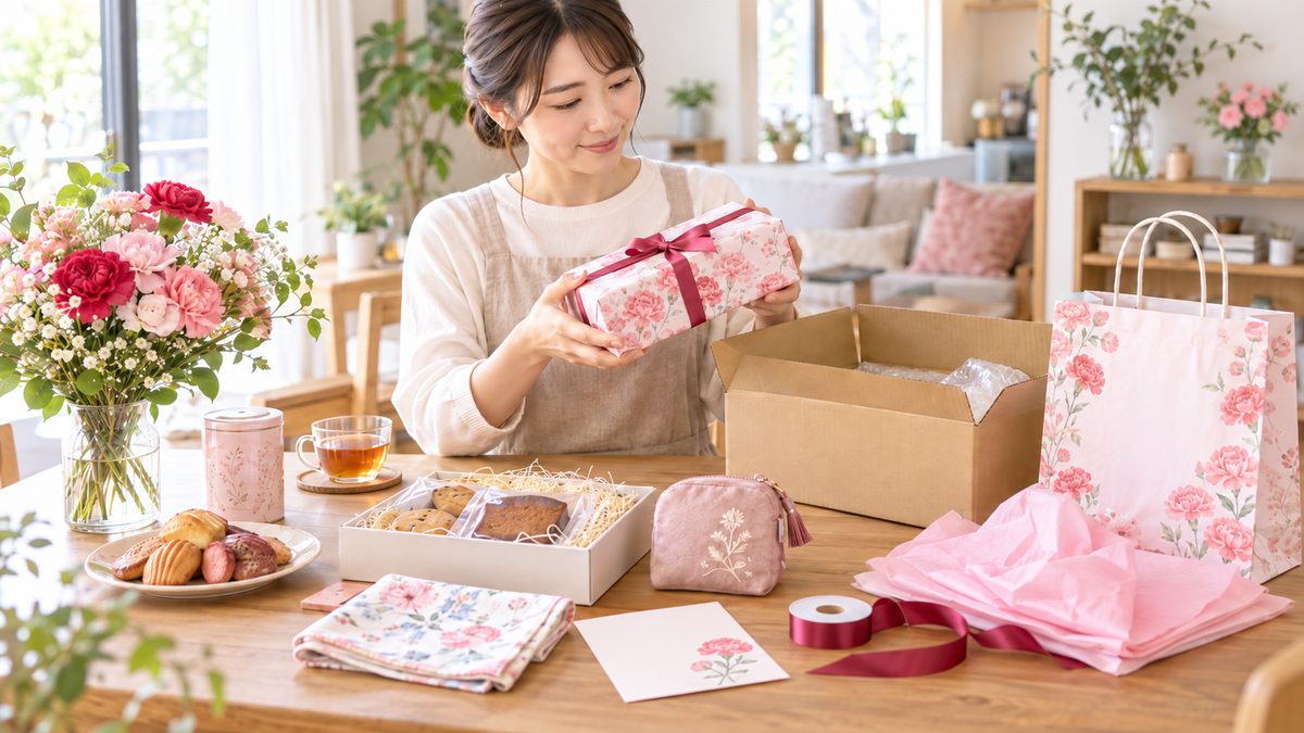 母の日ギフトの包装や配送準備を確認している様子