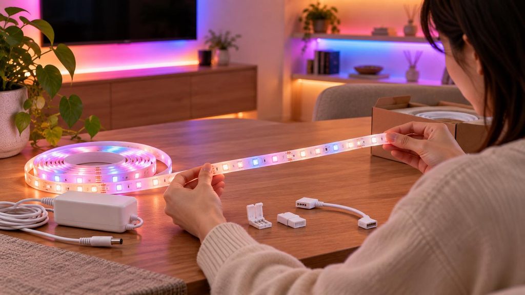 テレビ背面と棚に設置したスマートLEDテープの間接照明