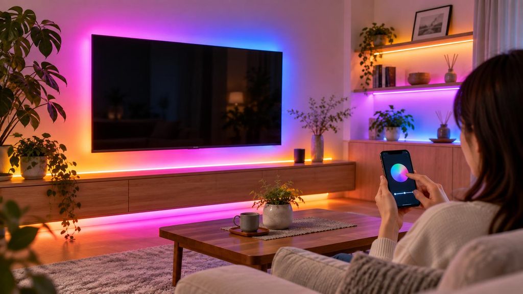 スマートLEDテープ本体と電源アダプター・接続部品を確認する様子
