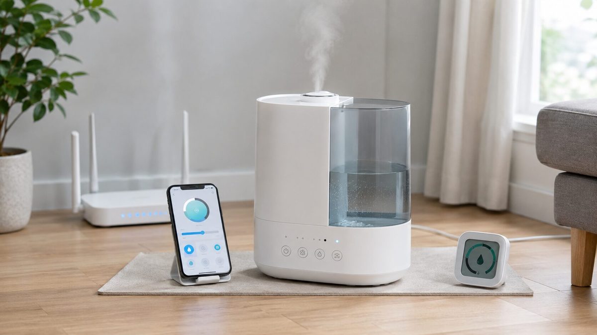 スマートフォンと温湿度計を置いた加湿器