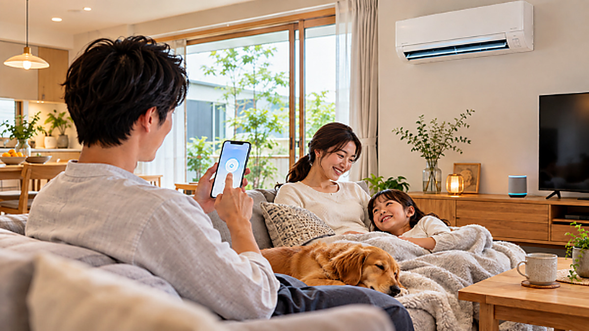 スマートフォンでエアコンを操作しながら家族がくつろぐリビング